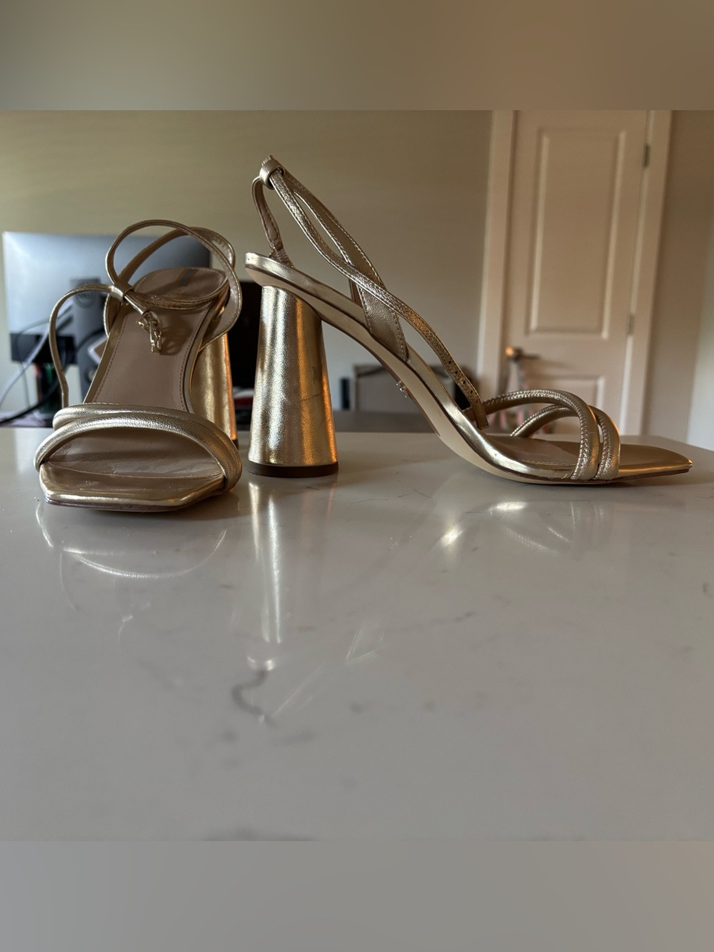 Sam Edelman Gold Metallic Ankle-Strap Block Heel Sandal - Picture 2 of 3